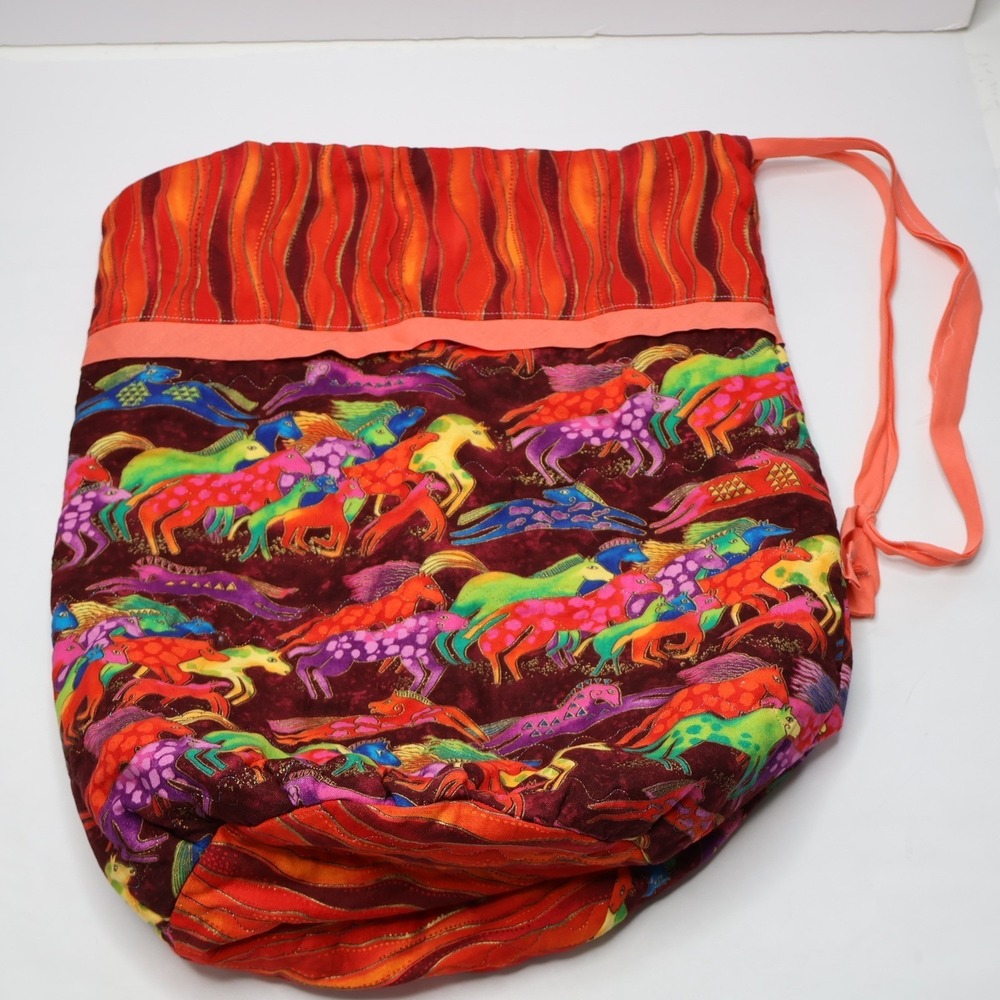 Handmade‎ Laurel Burch Fabric Horse Drawstring Bag Quilted Colorful Psychedelic